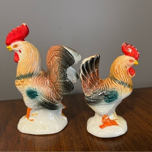 VINTAGE CERAMIC ROOSTER HEN CHICKEN SALT PEPPER SHAKERS JAPAN. - Picture 7 of 13
